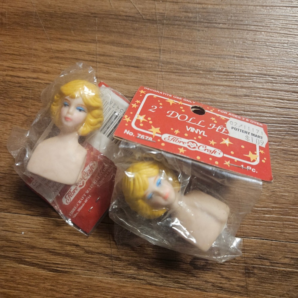 Lot Of 2: Fibre Craft Vintage Vinyl Doll Heads #7678 2 Inch Blonde Hair 90s
